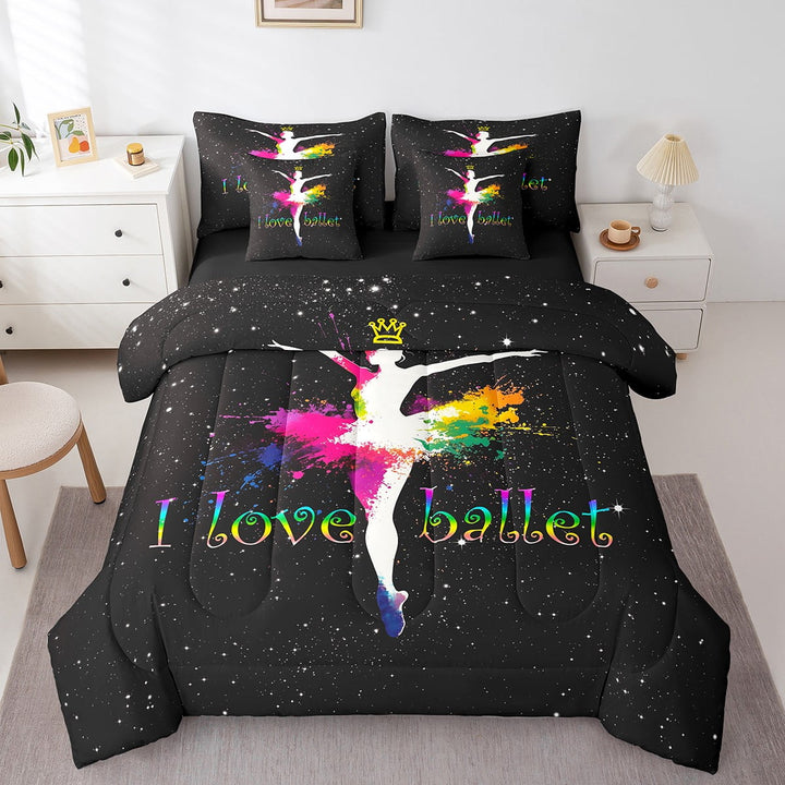 Ballet Twin Comforter Set 7 Piece Rainbow Ballerina Design Bedding Set Cute Dancers Bed In A Bag Starry Sky Pattern Girly Gymnastics Sheet Set With Comforter
