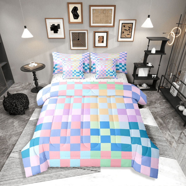 Erosebridal Geometric Buffalo Bedding Sets Twin Size,Checkered Grid Comforter Sets with Sheets,Plaid Room Decorative,Breathable,7-Piece