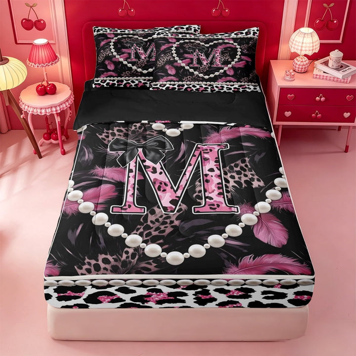 meiyoeat Classic Leopard Alphabet Print Zipper Twin Comforter Sets with Fitted Sheet and 2 Pillowcases For Adults,Fashion Cheetah Initial M Zipper Bedding Set For Kids,black Reversible,4-Piece