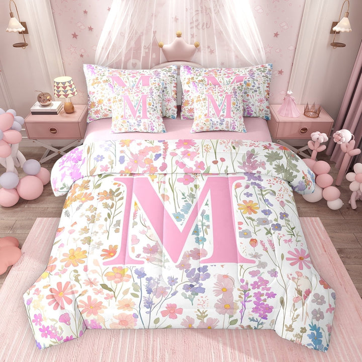 Erosebridal Erosebridal Girls Pink Floral Twin Bedding Sets, Garden Flower Bedding Comforter Set, Monogrammed M, Pink Reversible, 7-Piece