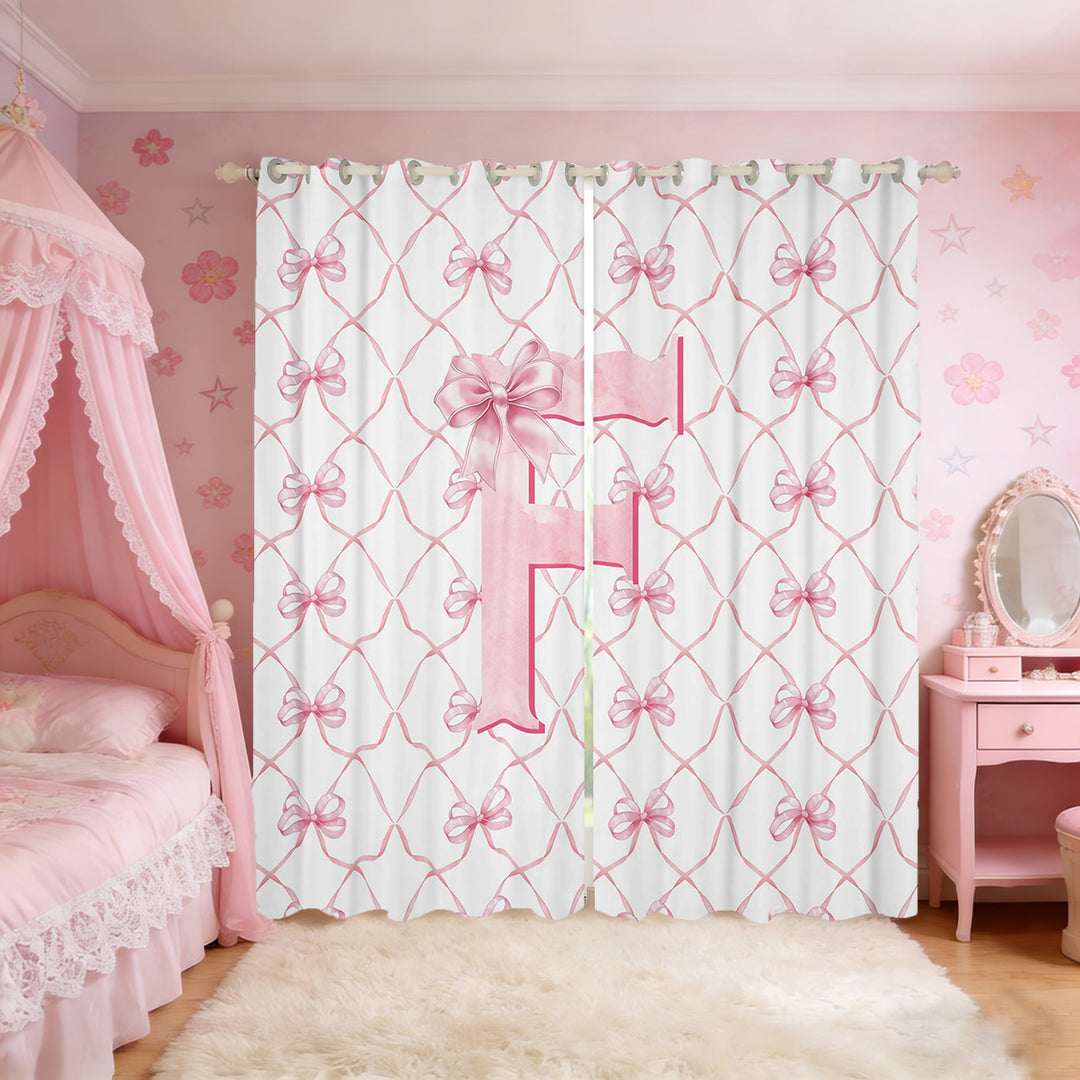 Manfei Initial Letter F Curtains for Living Room,Cute Bowtie Blackout Curtains Set of 2 (38x45),Pink White Curtains and Drapes (38x45) For Girls,Breathable Bedroom Decoration