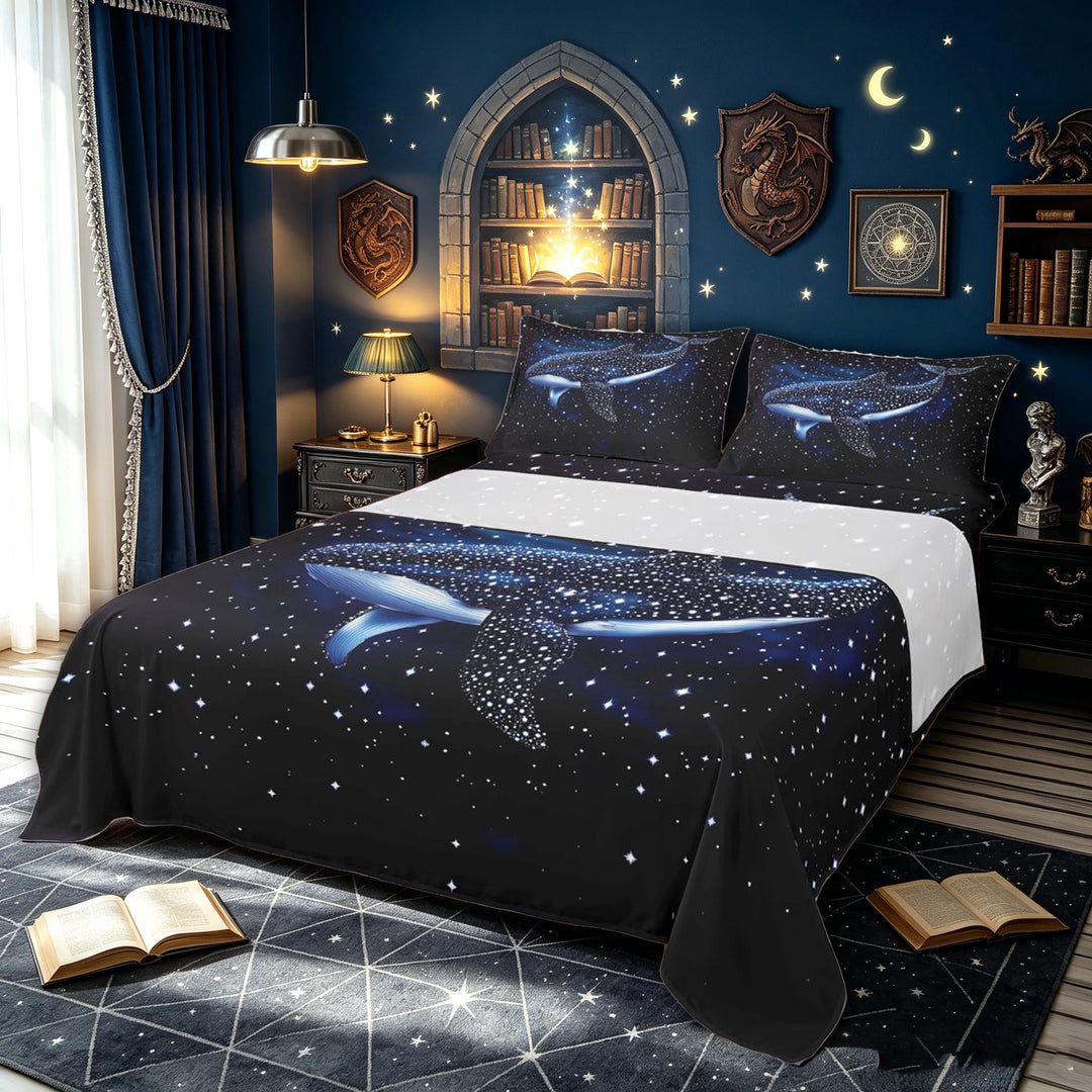 meiyoeat Galaxy Star Whale Bed Sheets for Kids Boys Girls, Magic Starlight Celestial Animal Full Size Sheets, Dark Blue, Blue Reversible, 1 Flat Sheet, 1 Fitted Sheet and 2 Pillowcases