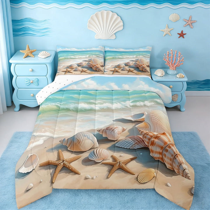 Erosebridal Sea Beach Starfish Print Full Size Comforter Sets For Kids,Coastal Nature Theme Sea Wave Animals Starfish Bedding Sets,Reversible,3pcs