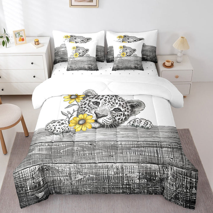 7Pcs Full Comforter Set with Sheets, Wild Leopard Bedding Flower Bed in a Bag Bedding - 1 Comforter, 1 Flat Sheet 1 Fitted Sheet 2 Pillowcases 2 Throw Pillow Covers