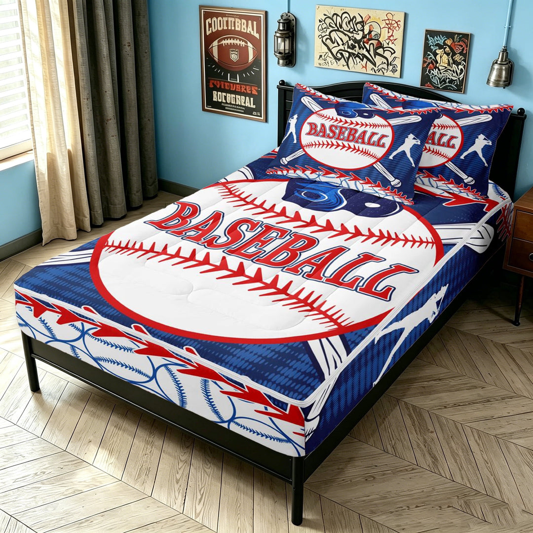 meiyoeat Vintage Baseball Sport Zipper Full Size Comforter Sets with Fitted Sheet and 2 Pillowcases for Boys, Cartoon Ball Bat Zipper Bedding Set, Blue Red, Blue Reversible, 4-Piece