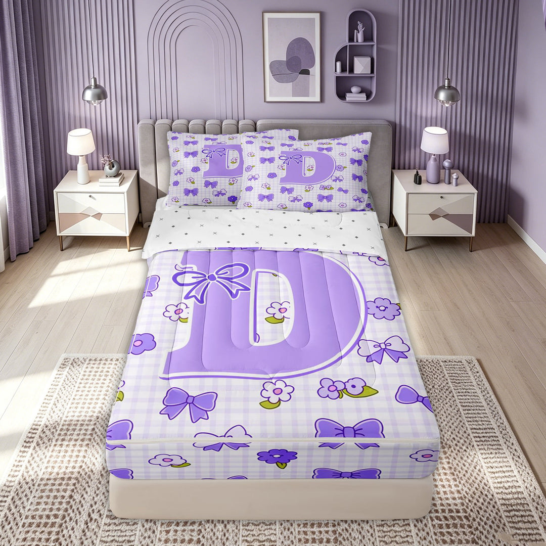 meiyoeat Cute Bow Letter D Zipper Comforter Set with Fitted Sheet and 2 Pillowcases for Girls, Floral Plaid Zipper Bedding Set for Bedroom, Purple, Reversible, 3-Piece