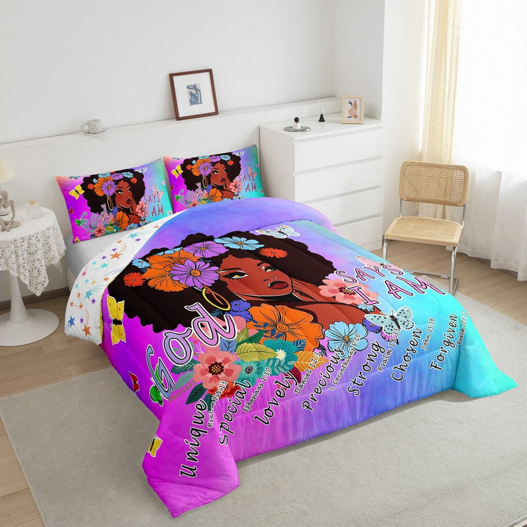 Black Bedding Set Afro Twin Comforter Set ,American African Princess Magical Quilt Teenager,Butterfly Flowers Kawaii Room Decor