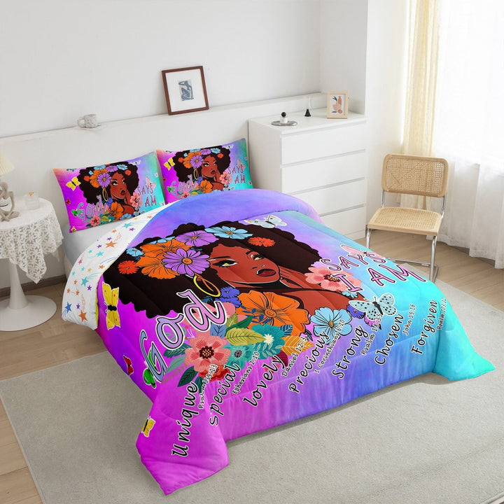 Black Bedding Set Afro Twin Comforter Set ,American African Princess Magical Quilt Teenager,Butterfly Flowers Kawaii Room Decor
