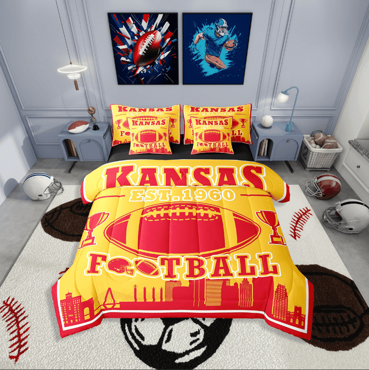 Erosebridal American Football Bedding Sets Twin Size,Sport Theme Comforter Sets with Sheets,Ball Game Decor(Kansas),Reversible,Lightweight,7-Piece