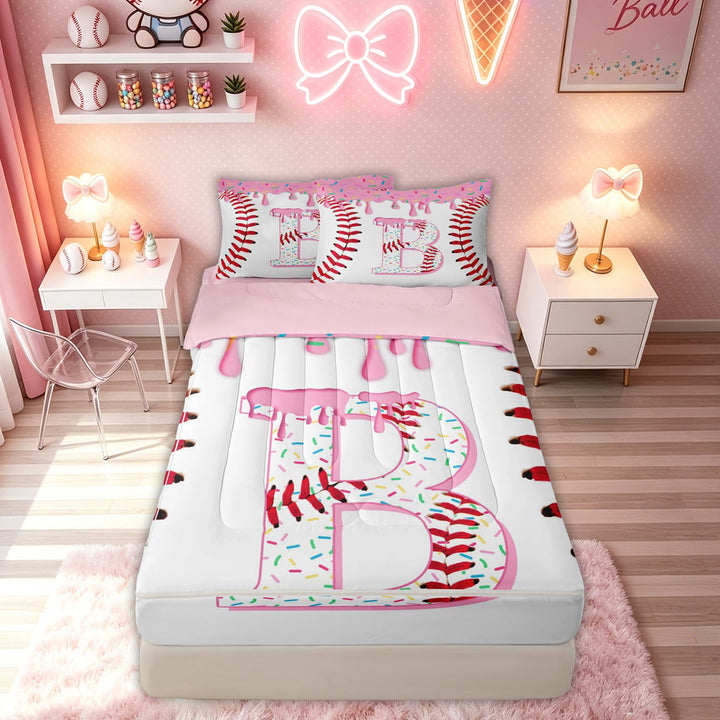 meiyoeat Sprinkle Baseball B Letter Zipper Full Size Comforter Sets with Fitted Sheet and 2 Pillowcases for Boys Girls, Pink Donut Ice Cream Drip Zipper Bedding Set, Pink Reversible, 4pcs