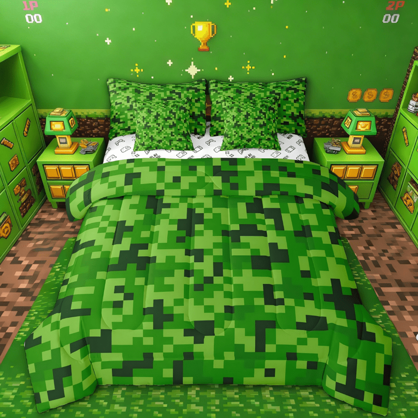 Manfei Green Pixelated Grid 7 Pieces Bedding Comforter Set,Video Games Cartoon Gamepad Full Bedding Set For Kids Teens,Modern Geometric Check Reversible