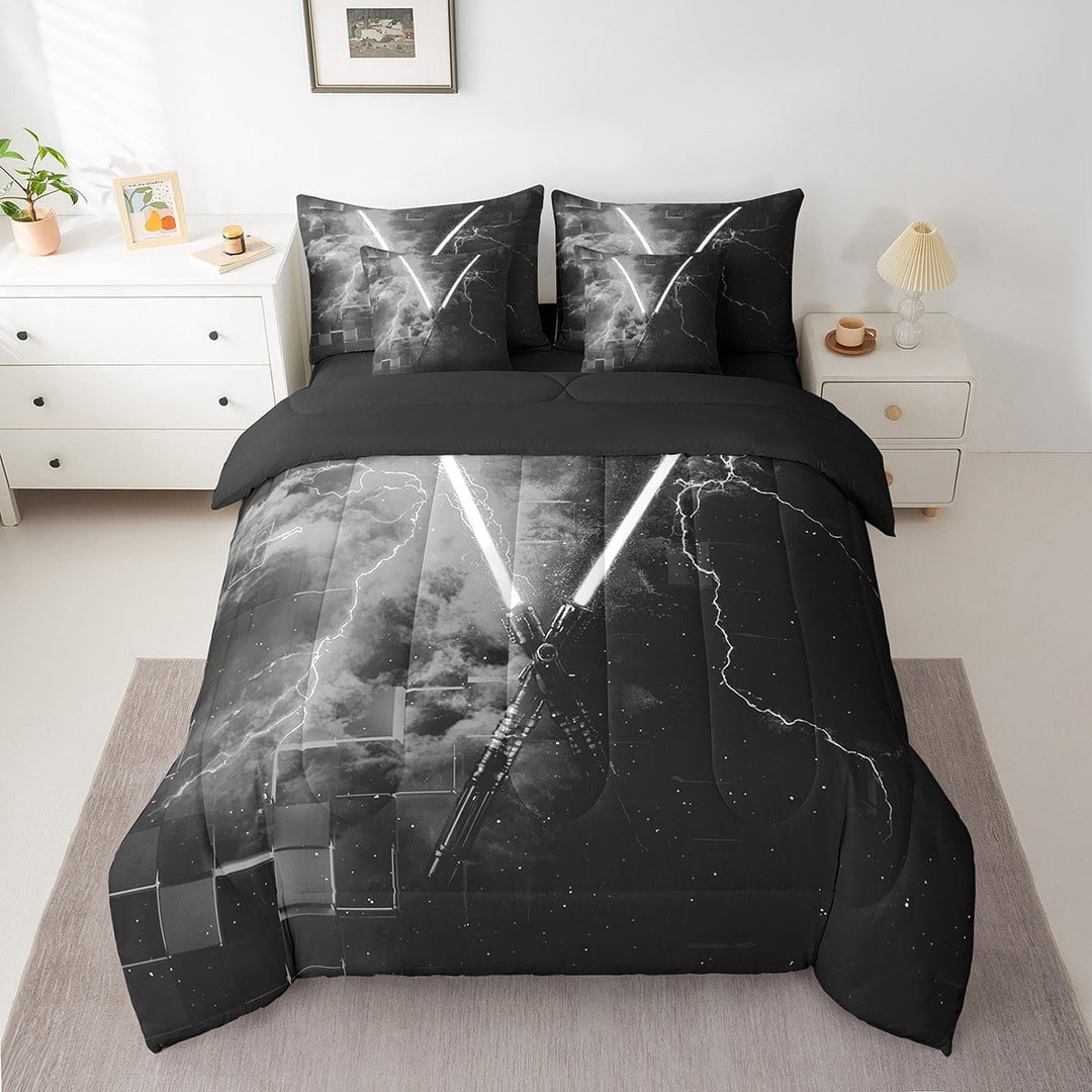 Erosebridal Grey Lightning Bed in a Bag Twin size, Cool Lightning Bed Set, Modern Geometric Decor, Reversible 7pcs