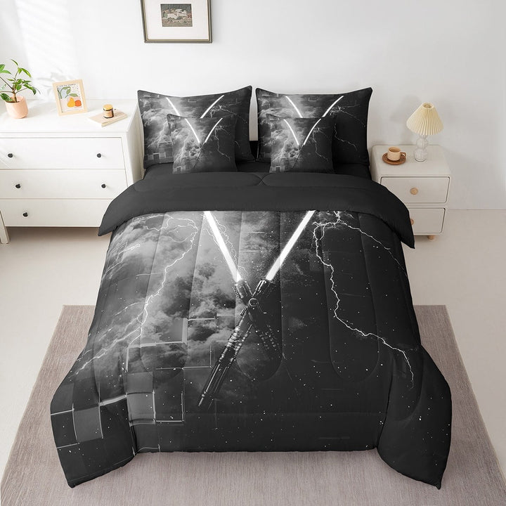 Erosebridal Grey Lightning Bed in a Bag Twin size, Cool Lightning Bed Set, Modern Geometric Decor, Reversible 7pcs
