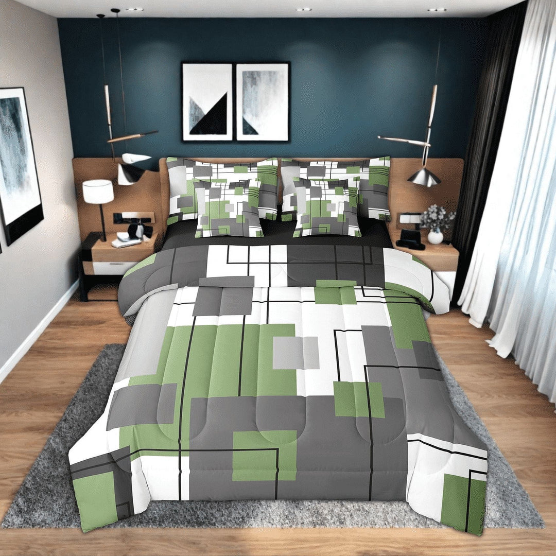 Abstract Geometry Comforter Set 7 Piece Full Black Grey Green Bed In A Bag Geometric Square Bedding Set Adults Abstract Grid Striped Bed Set Soft Lightweight For All Season