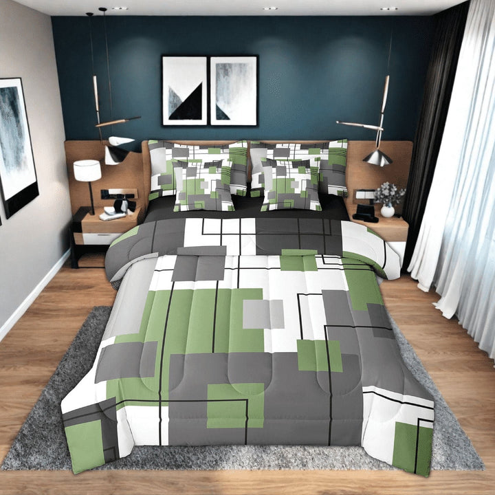Abstract Geometry Comforter Set 7 Piece Full Black Grey Green Bed In A Bag Geometric Square Bedding Set Adults Abstract Grid Striped Bed Set Soft Lightweight For All Season