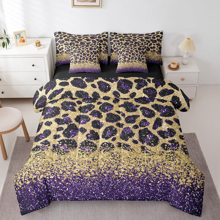 Purple Leopard Print Bed in a Bag King Size Comforter Set 7 Pieces,Gold Sequins Print Sheet Set with Comforter,Animal Hide Cheetah Bedding Set African Animals Bed Set Spot Western Decor