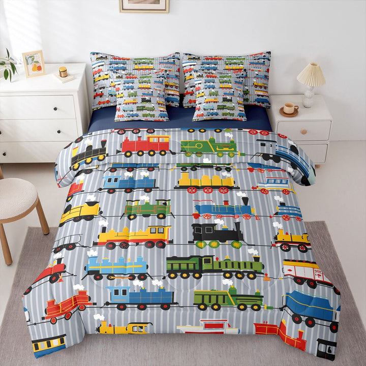 Comforter Set Twin Size Train Bedding, Colorful Steam Engine Truck 7Pcs Bedding Comforter Sets(1 Comforter, 1 Flat Sheet 1 Fitted Sheet 2 Pillowcases And 2 Throw Pillow Covers)