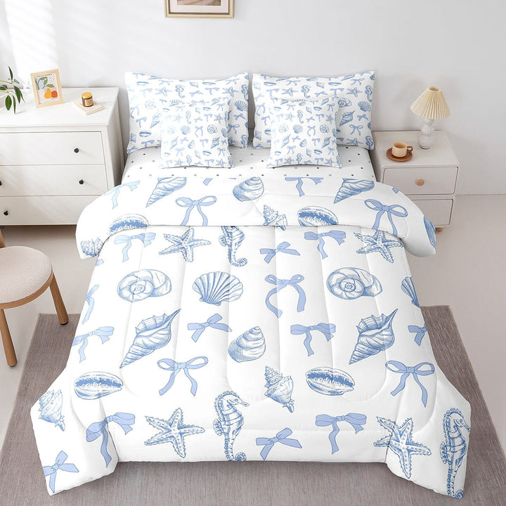 Erosebridal Cute Bowknot Bed in a Bag Full size, Ocean Conch Seashell Seahorse Starfish Quilted Comforter, Breathable 7 Pieces