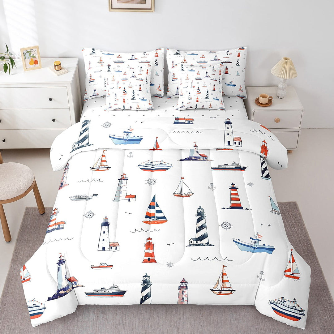 Erosebridal Lighthouse Bedding Twin Size, Marine Ocean Bedding Sets Twin Size, Sailing Boat Reversible Bed Set, Super Cozy Room Decoration, 7-Piece