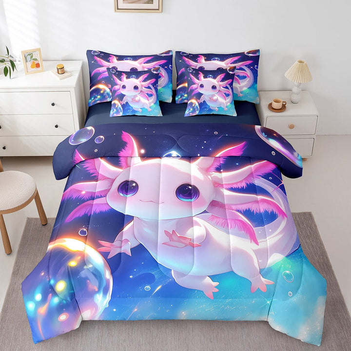 Cartoon Axolotl Bedding Set Cute Axolotl Salamander 7 Piece Bed In A Bag With Sheets,Pink Kawaii Ocean Sealife Twin Comforter Set Wildlife Animal Blue Bed Set