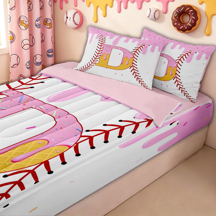 meiyoeat Ice Cream Baseball Alphabet D Zipper Full Size Comforter Sets with Fitted Sheet and 2 Pillowcases for Kids, Cute Letter Zipper Bedding Set, Pink Yellow, Pink Reversible, 4 Pieces