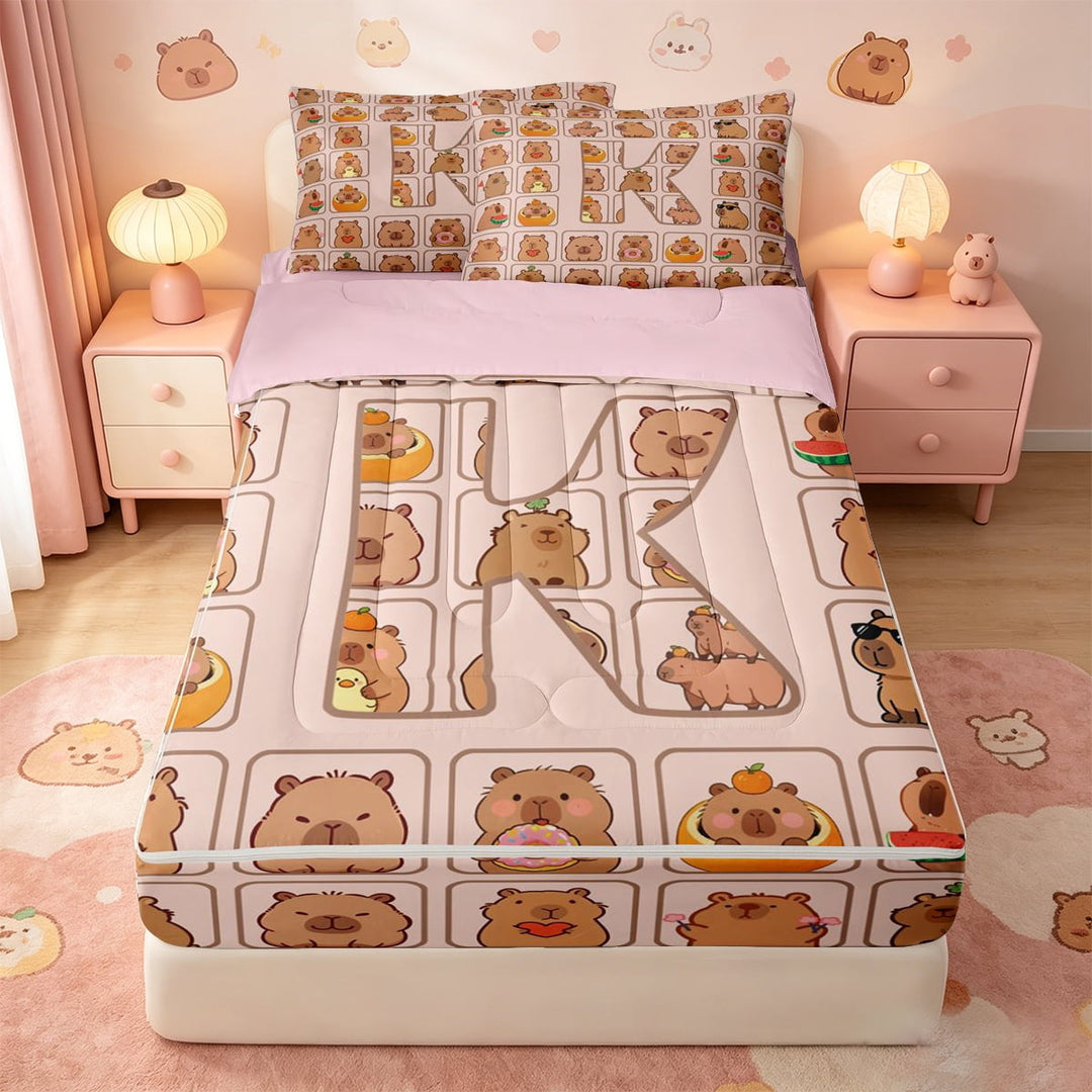 meiyoeat meiyoeat Kawaii Capybara Zipper Twin Comforter Sets with Fitted Sheet and 2 Pillowcases,Girls Personalized Alphabet K Zipper Bedding Set,Pink Reversible,4-Piece