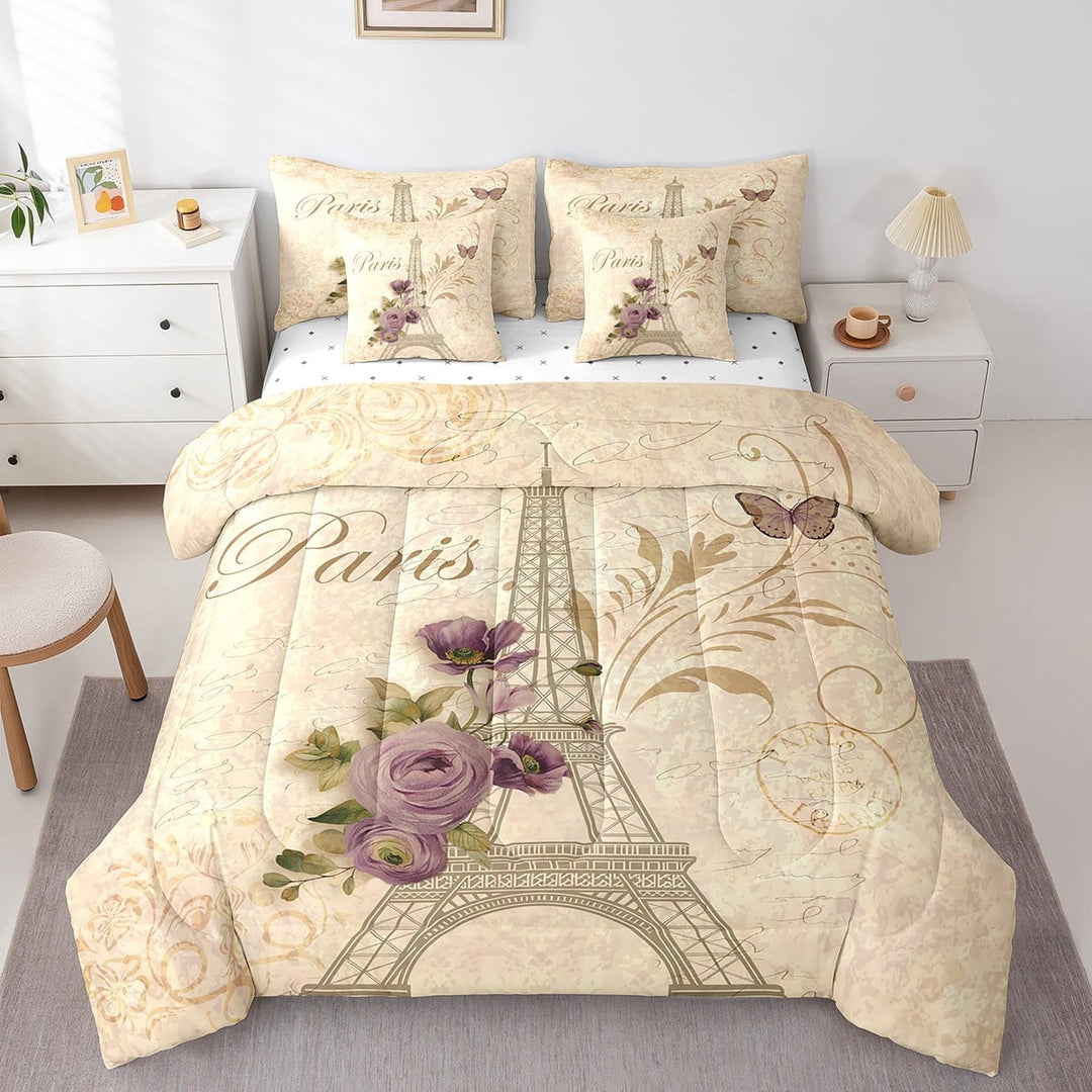 Erosebridal Vintage Paris Bedding Queen Size, Eiffel Tower Bedding Accessories, Romantic Theme Home Decorative, Lightweight 7pcs