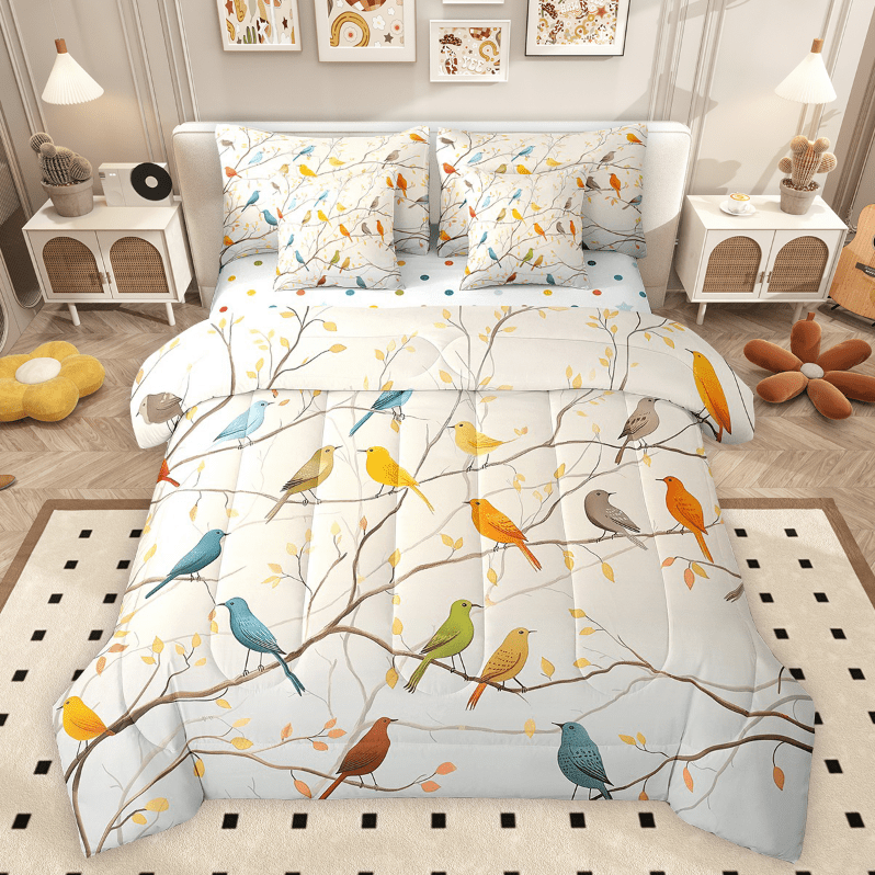 Erosebridal Colorful Birds Bedding Twin Size, Botanical Branches Comforter Sets with Sheets, Polka Dots Reversible