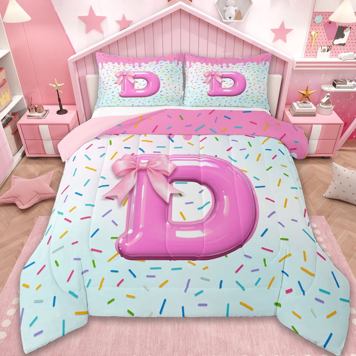 Erosebridal Personalized Gifts Bedding Sets Full with Comforter,Latter D Duvet Insert,Pink Bowtie Bow Comforter Sets Full Size,Lightweight Room Decoration Reversible,3pcs