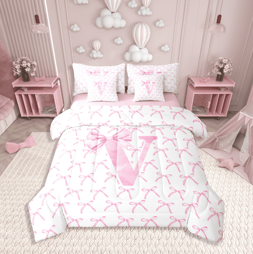 Erosebridal Kawaii Bowknot Bedding Sets Twin Size,Initial Letter Comforter Sets with Sheets,Monogrammed Decor,Reversible,7pcs