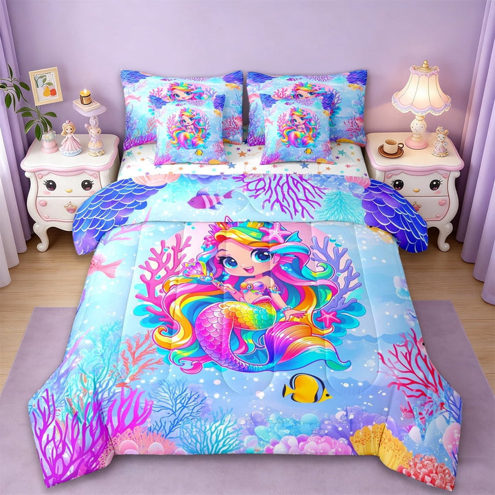 Erosebridal Watercolor Cartoon Mermaid 7-Piece Twin Bedding Sets,Ocean Animals Bedding Comforter Set For Girls Kids,Reversible