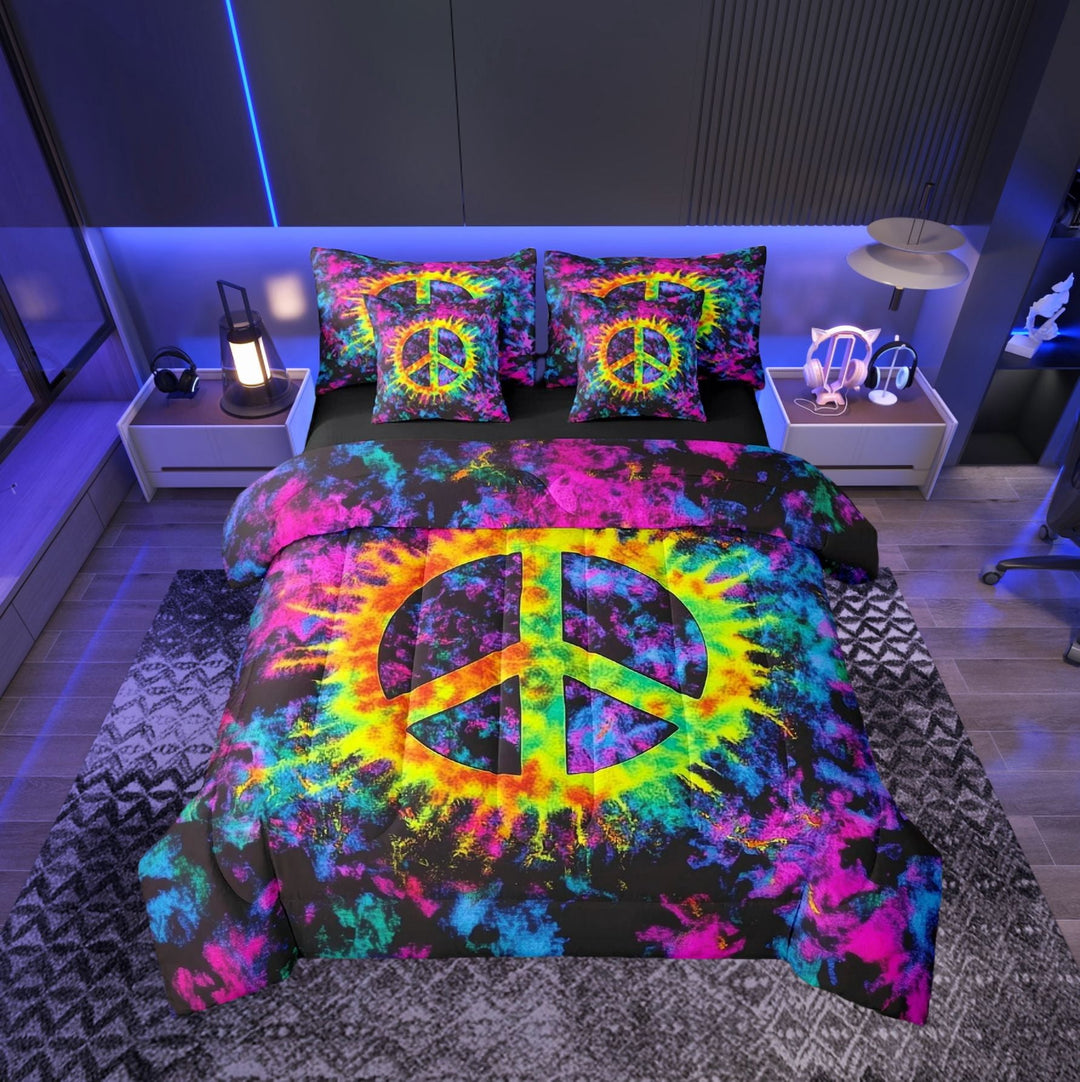 Peace Sign 7Pcs Comforter Set Twin Size,Colorful Tie-dye Art Bedding Sets Teens Woman Men,Vintage Hippie Style Fitted Flat Sheet Black Reversible 2 Throw Pillow Covers,2 Pillowcases