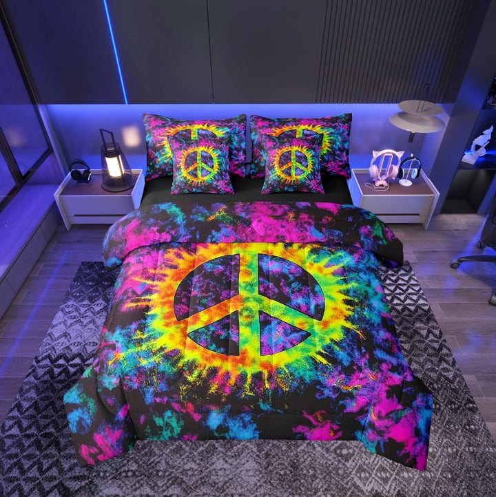 Peace Sign 7Pcs Comforter Set Twin Size,Colorful Tie-dye Art Bedding Sets Teens Woman Men,Vintage Hippie Style Fitted Flat Sheet Black Reversible 2 Throw Pillow Covers,2 Pillowcases