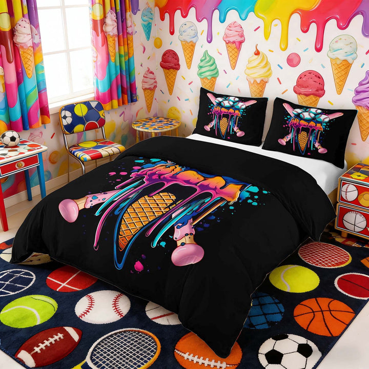 Erosebridal Ice Cream Baseball Queen Duvet Cover Set, Cute Sport Bedding for Boys and Girls, Black Reversible 3pcs, 1 Duvet Cover and 2 Pillowcases