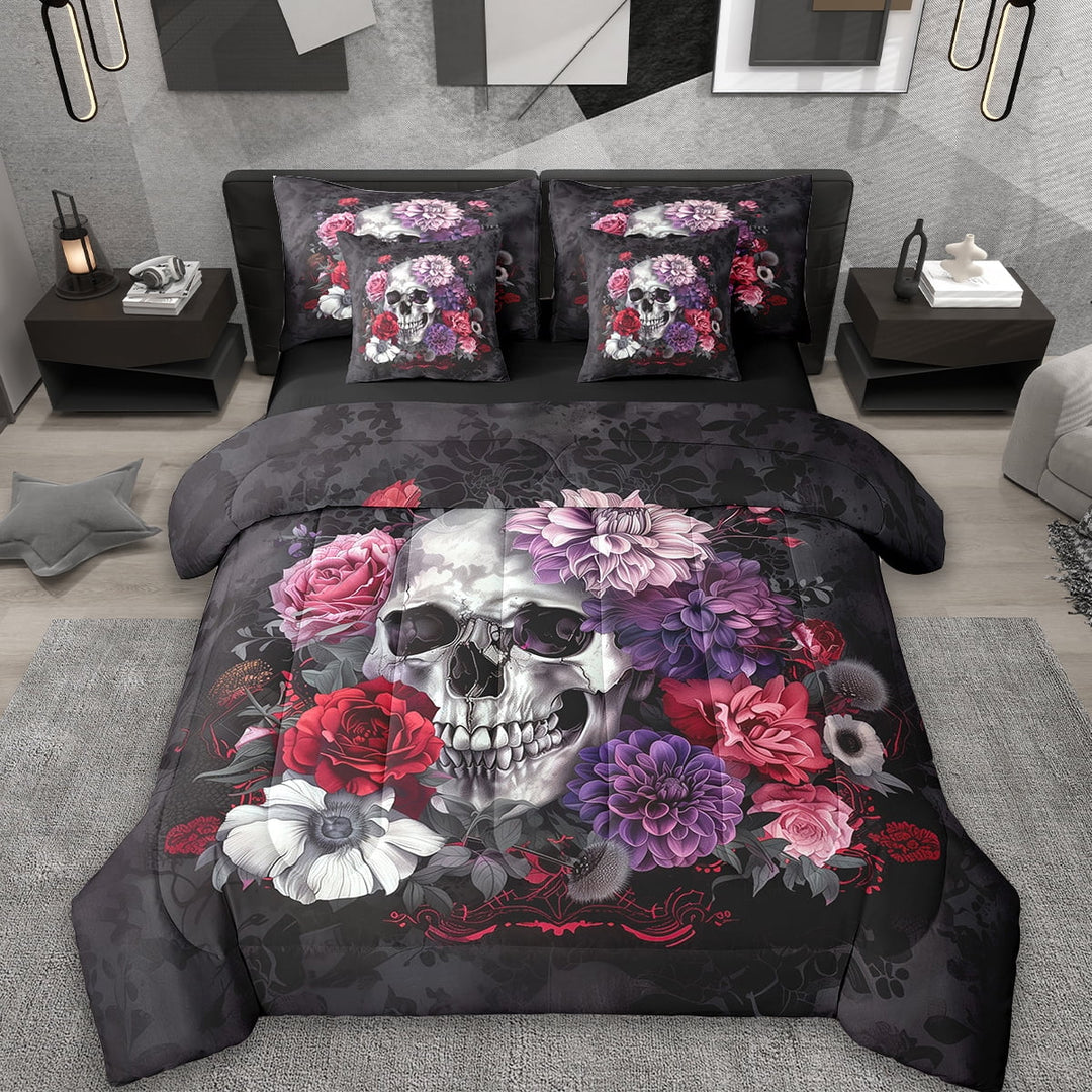 Erosebridal Spooky Skull Bedding Queen Size,Gothic Halloween Theme Comforter Sets with Sheets,Botanical Flower Rose Bedding Sets Queen Size,Breathable Bedroom Decor Reversible,7-Piece