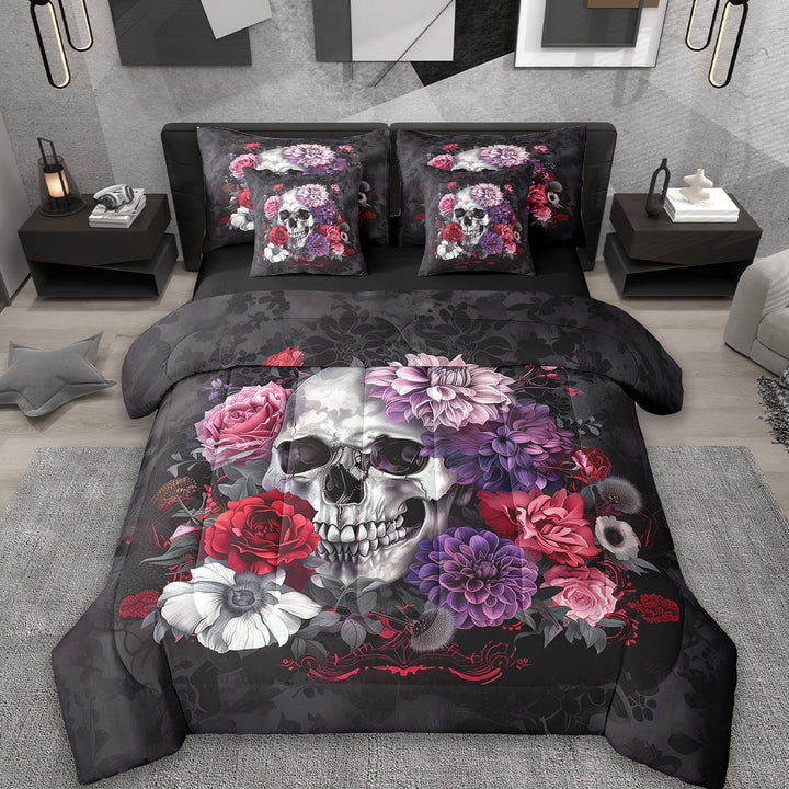 Erosebridal Spooky Skull Bedding Queen Size,Gothic Halloween Theme Comforter Sets with Sheets,Botanical Flower Rose Bedding Sets Queen Size,Breathable Bedroom Decor Reversible,7-Piece