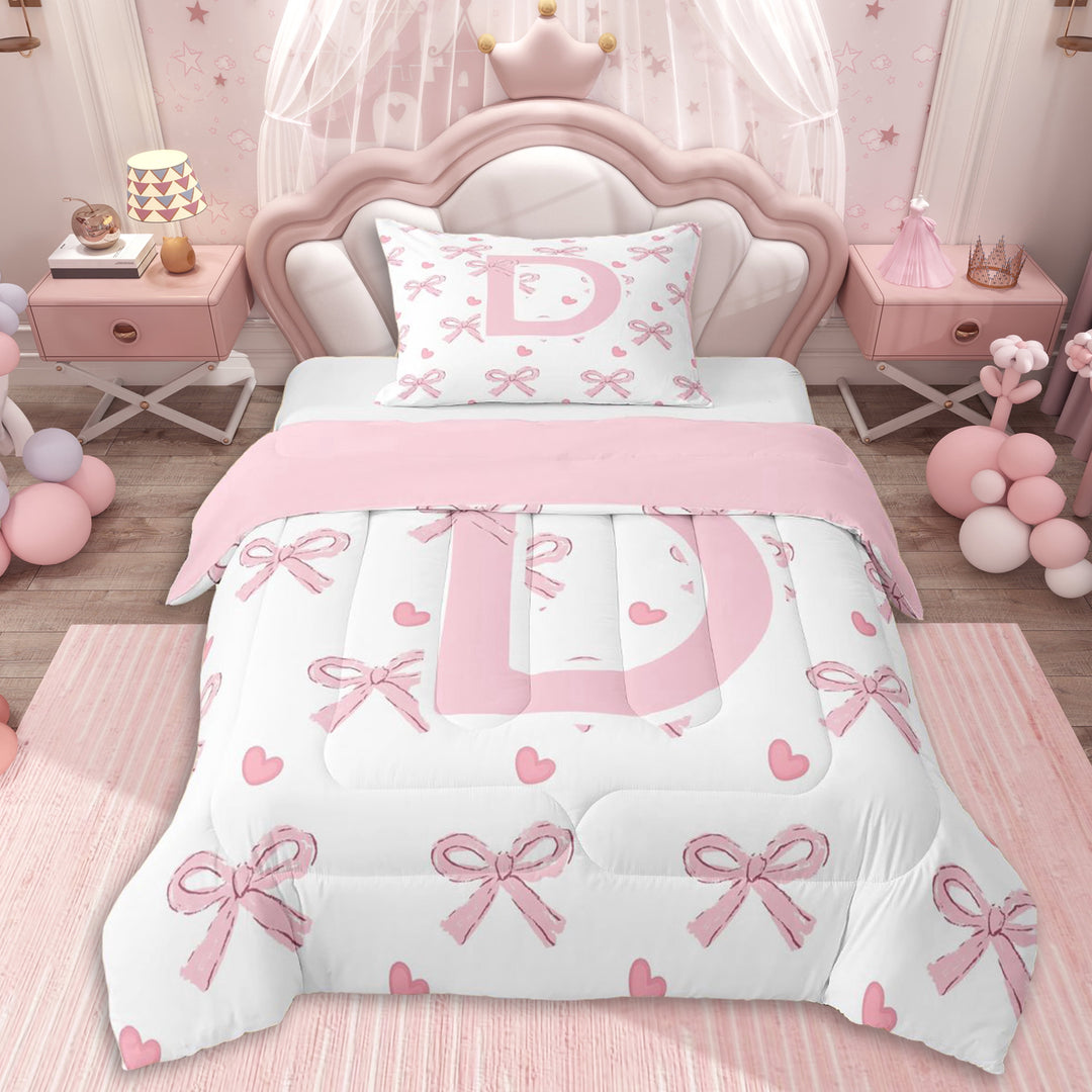 Erosebridal Girls Personalized D Initial Twin Comforter Sets 3-Piece,Cartoon Pink Bow Love Heart Bedding Set For Kids,Pink Reversible,Breathable Home Decor