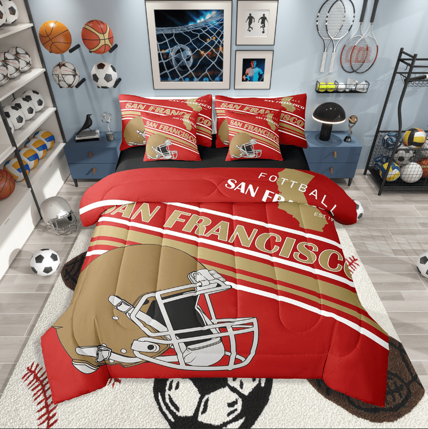 Erosebridal American Football Bedding Sets Twin Size,Sport Theme Comforter Sets with Sheets,Ball Game Decor(San Francisco),Reversible,Breathable,7pcs
