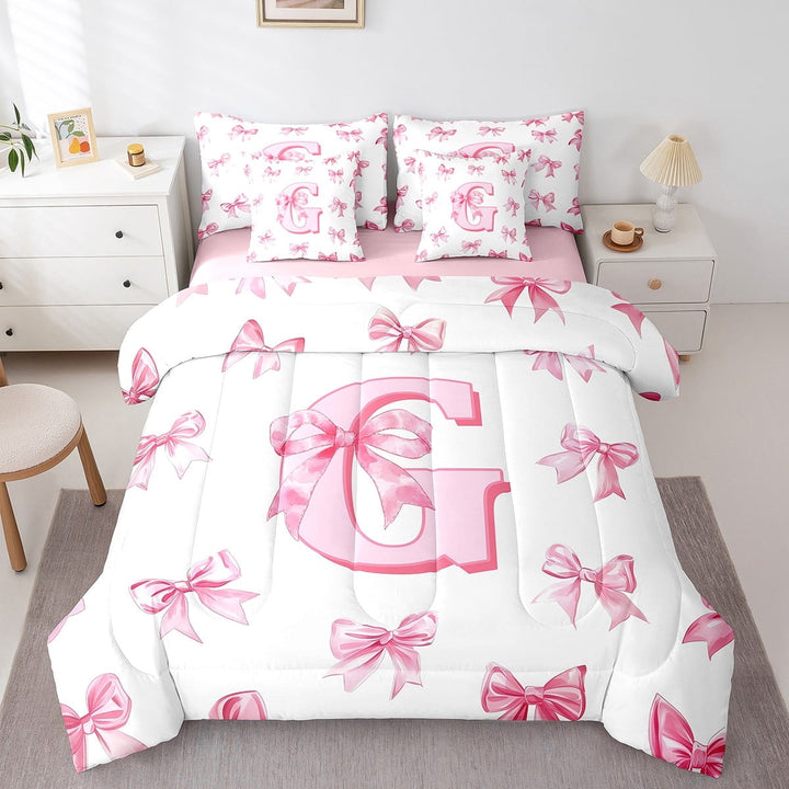 Erosebridal Monogrammed Bow Bedding Sets Twin Size,Personalized Initial Comforter Sets with Sheets,Bowknot Decoration,Reversible,Breathable,7-Piece