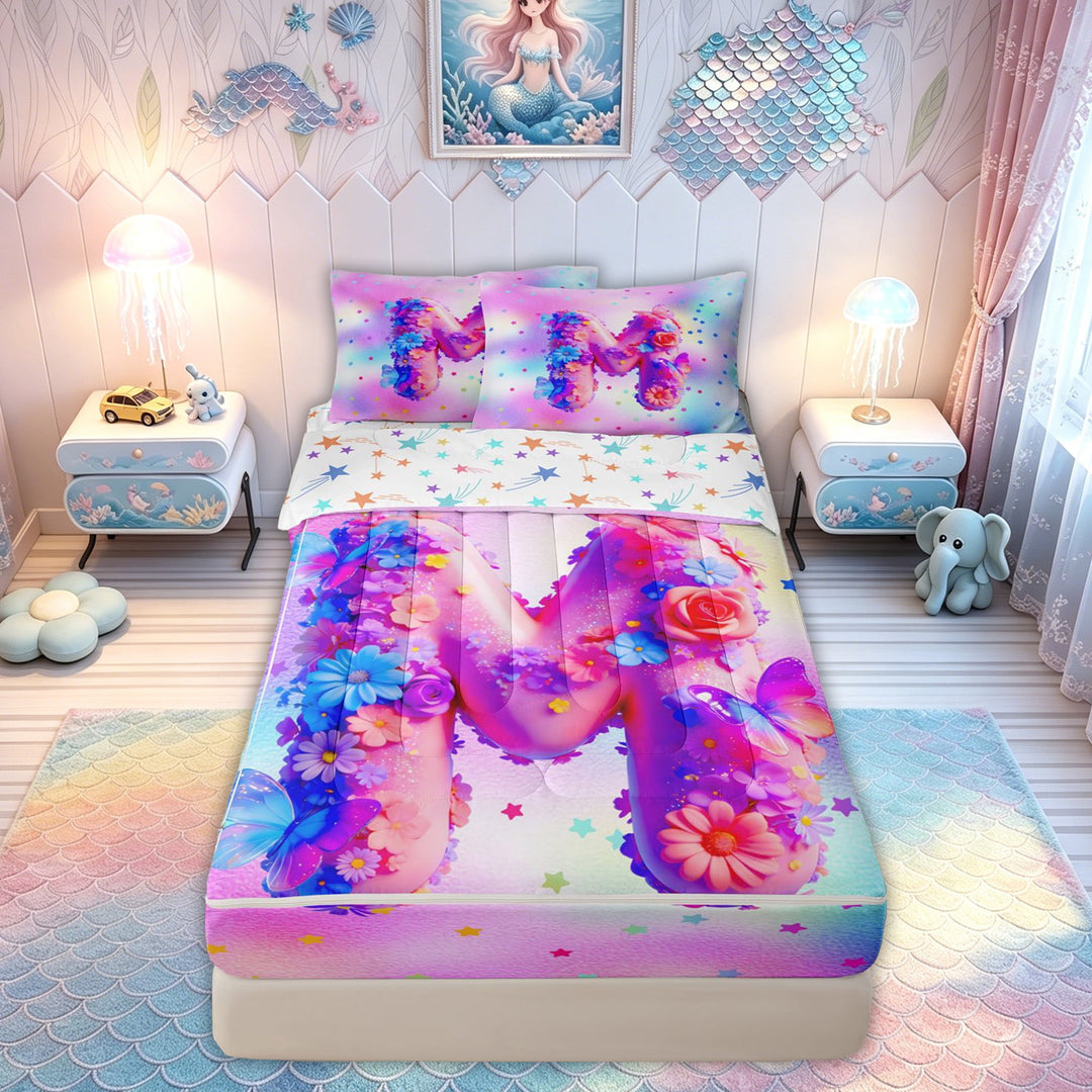 meiyoeat Flower Butterfly M Initial Rainbow Zipper Comforter Set with Fitted Sheet and 2 Pillowcases, Watercolor Galaxy Stars Zipper Bedding Set for Girls, Colorful Star Reversible, 3pcs
