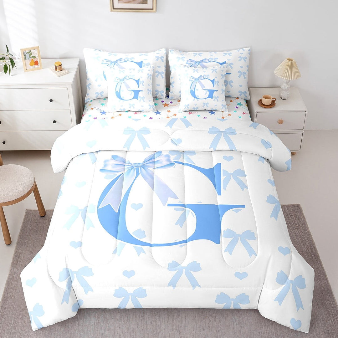 Erosebridal Monogrammed G Bedding Twin Size, Cute Bow-tie Bedding Sets Twin Size, Initial Letter Reversible Comforter Sets with Sheets, Microfiber Room Decoration, 7 Pieces