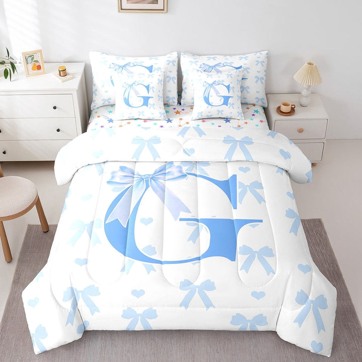 Erosebridal Monogrammed G Bedding Twin Size, Cute Bow-tie Bedding Sets Twin Size, Initial Letter Reversible Comforter Sets with Sheets, Microfiber Room Decoration, 7 Pieces