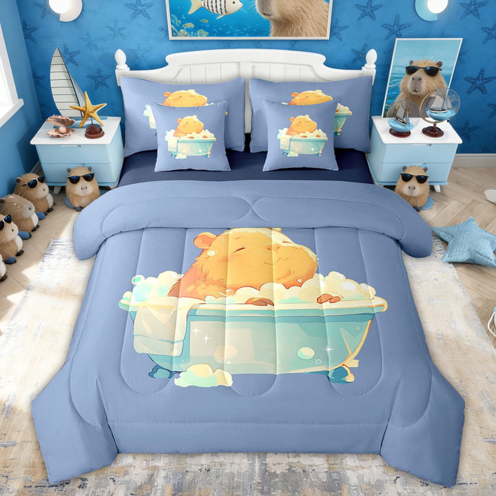 Erosebridal Cute Capybara Twin Bedding Sets for Kids, Cartoon Animals Bedding Comforter Set, Blue Reversible, 7-Piece