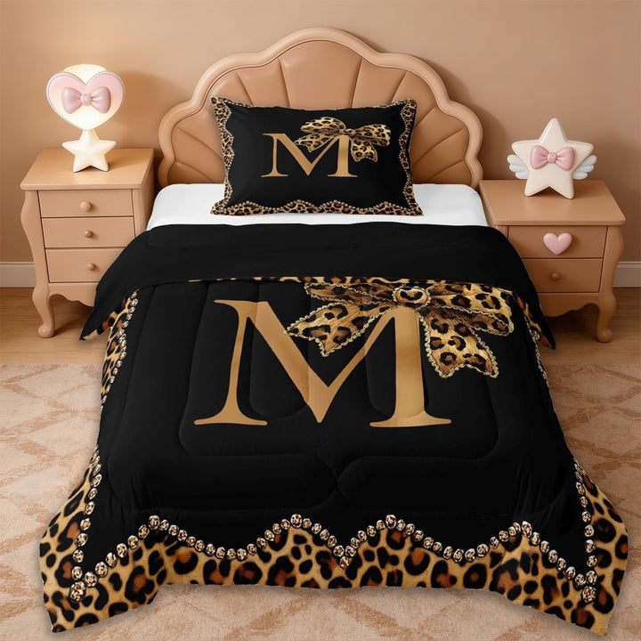 Erosebridal Initial Alphabet M Twin Comforter Sets,Kids Brown Cheetah Pattern Bowtie Bedding Set For Leopard Lovers,Reversible black,2 Pieces