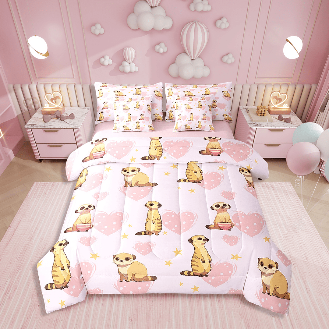 Twin Comforter Set 7 Pieces,Mongoose Reversible Bed in a Bag Twin,Cute Animal Twin Bedding Set Love Heart Comforter,Flat Sheet,Fitted Sheet,Pillowcases,Pillow Shams