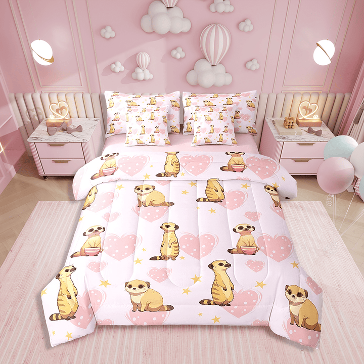 Twin Comforter Set 7 Pieces,Mongoose Reversible Bed in a Bag Twin,Cute Animal Twin Bedding Set Love Heart Comforter,Flat Sheet,Fitted Sheet,Pillowcases,Pillow Shams