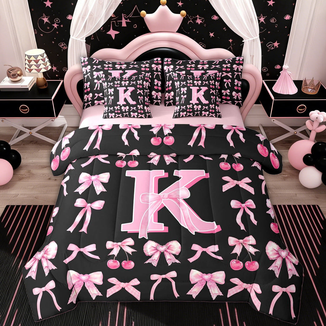 Erosebridal Black Pink Bow Girl Twin Bedding Sets, Ribbon Initial K Bedding Comforter Set, 7pcs