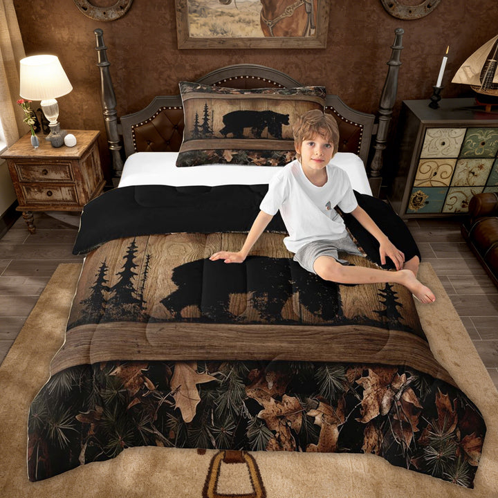 Rustic Farmhouse Comforter Set Country Cabin Bear Bedding Set Twin,Tree Branches Woodland Camo Hunting Wildlife Bedding Comforter Sets For Teen Men Camouflage Animal Quilt Set