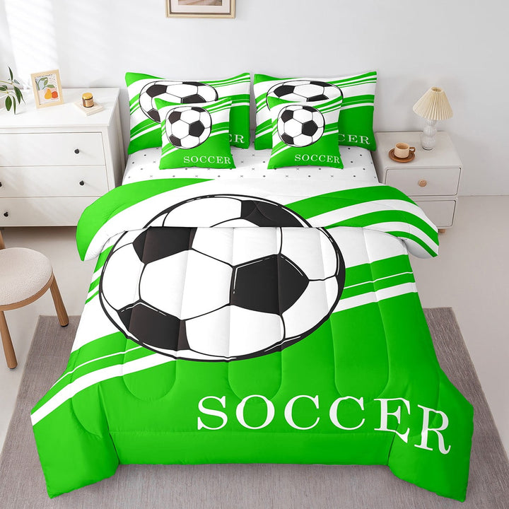 Eosebridal Soccer Duvet Cover Twin 7 Pcs Football Green White Geometric Stripes Bedding Set Soccer Ball Game Sports Theme Bed in a Bag with Comforter,Sheets