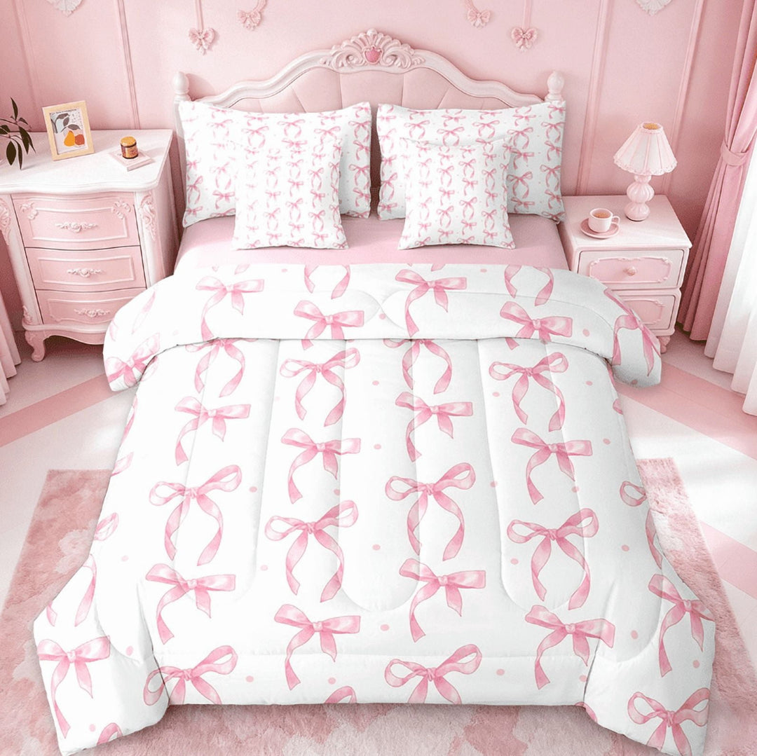 Manfei Pink Bow Comforter Set for Girls,Cute Ribbon Bowknot Bedding Set 7Pcs,Chic Aesthetic Princess Room Decor,All Season Cozy Quilt for Kids Bedroom,Twin Size,Pink Reversible